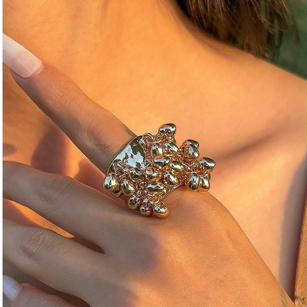 Gold Heart Dangle Charm Cluster Statement Ring Chunky Cocktail Jewelry